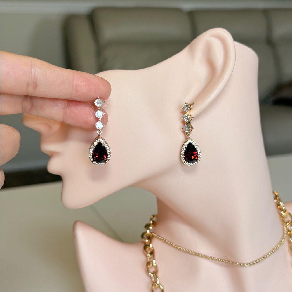 Elegant Gold Drop Earrings with Garnet Red Teardrop Zirconia - Picture 9 of 15